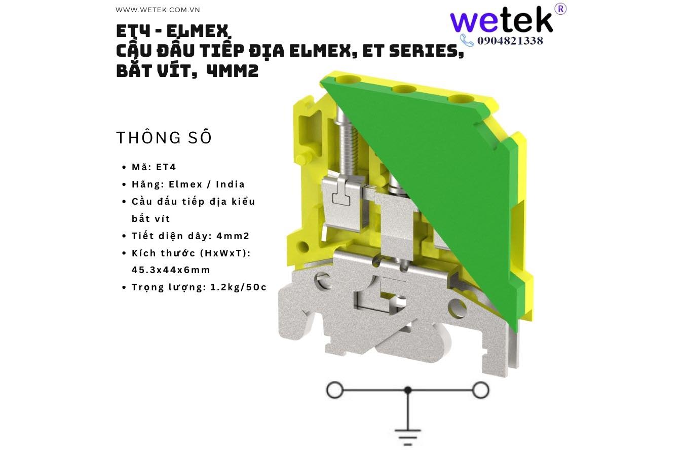 Cầu đấu tiếp địa Elmex loại tiêu chuẩn, ET4, loại bắt vít, cho dây 4mm2