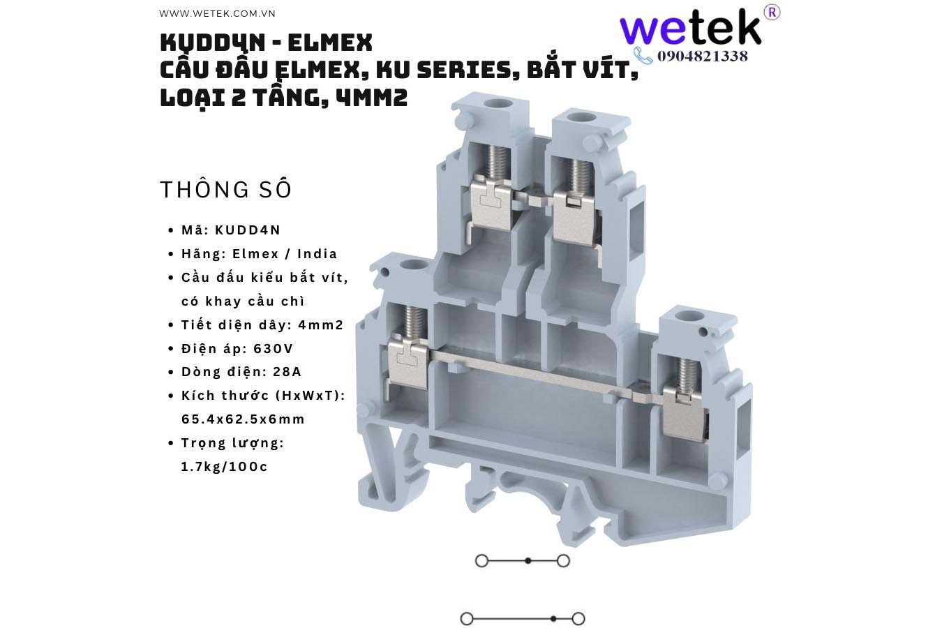 Cầu đấu dây Elmex 2 tầng loại tiêu chuẩn, KUDD loại bắt vít, 4mm2, (KUDD4, KUDD4N)