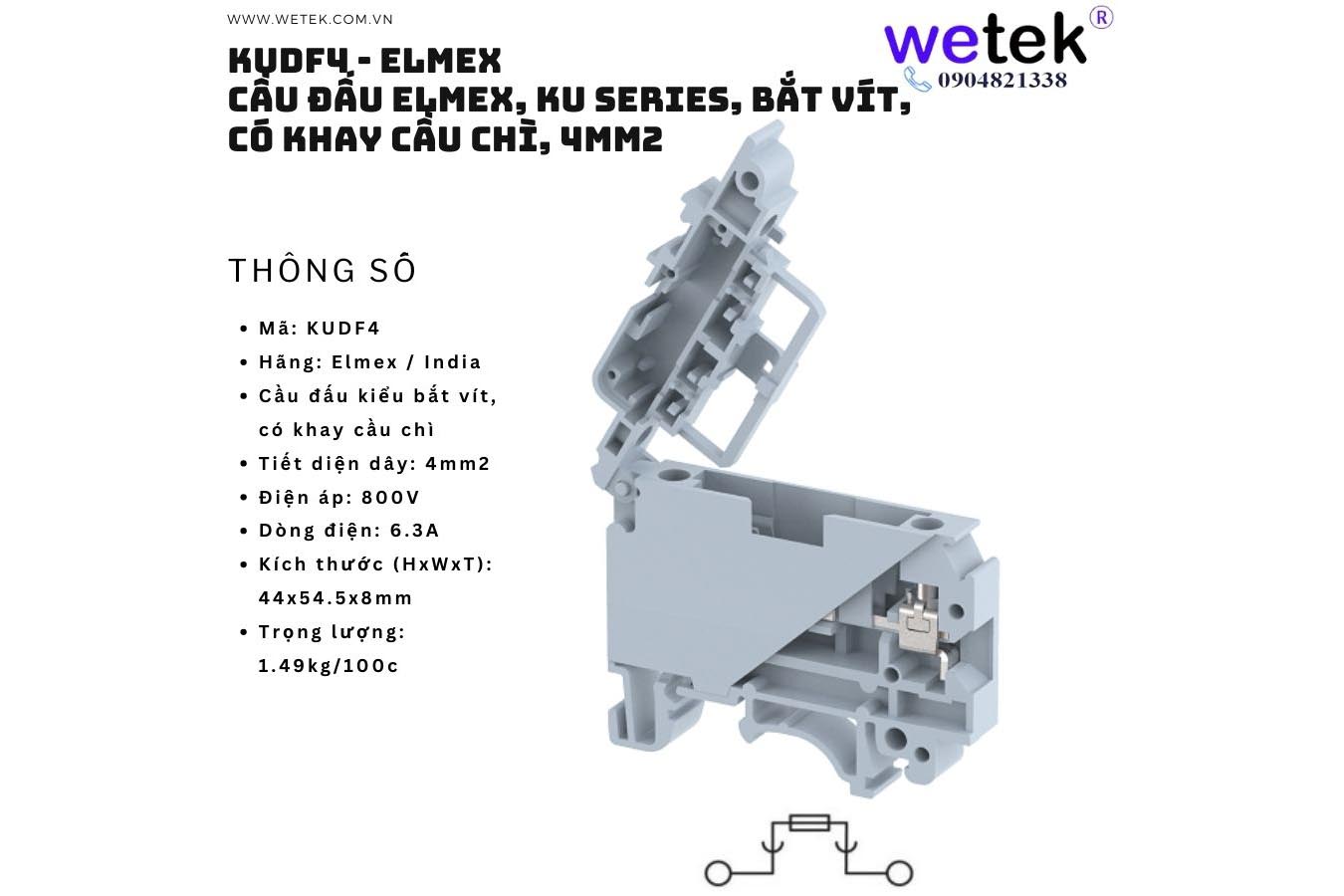 Cầu đấu dây Elmex loại tiêu chuẩn, KUDF4 (KUDF4NV) loại bắt vít, có khay cầu chì, dây đấu 4mm