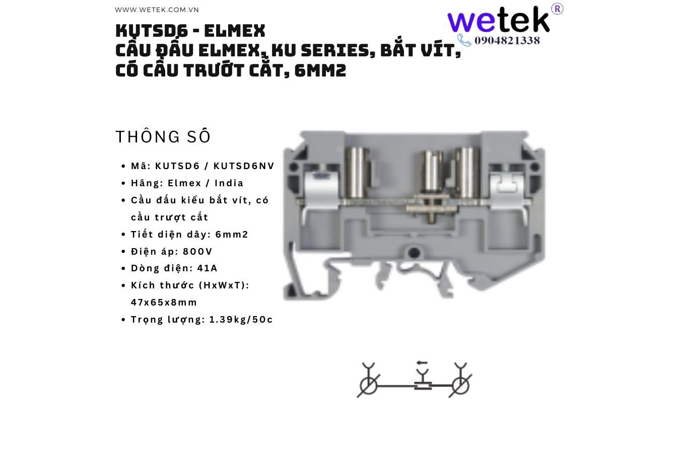 Cầu đấu dây Elmex loại tiêu chuẩn, KU series, KUTSD6, loại bắt vít, có cầu trượt cắt, 6mm2