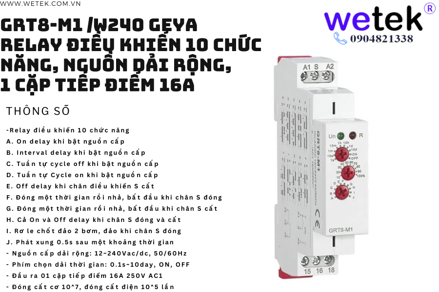 Geya GRT8-M1 W240 Relay điều khiển 10 chức năng, dải nguồn rộng, 1 cặp tđ 16A
