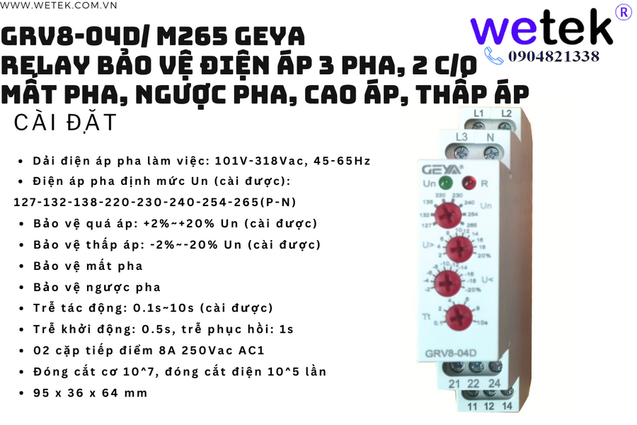 Geya GRV8-04D/M265 Relay điện áp 3P+N, bảo vệ cao áp, thấp áp, mất pha, ngược pha, 2 cặp tđ