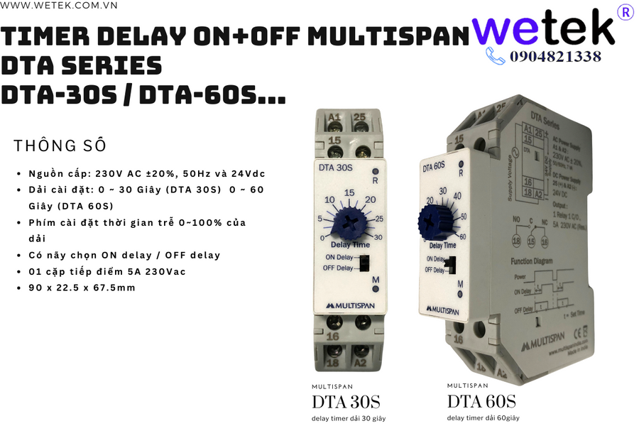 Timer On delay & Off delay DTA series (DTA 30S, DTA 60S...) 230Vac & 24Vdc