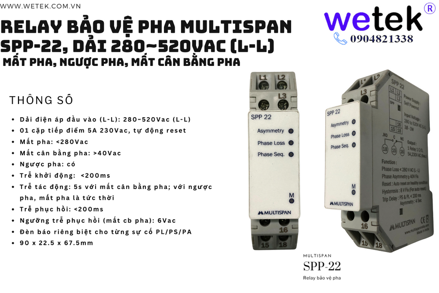 Multispan SPP-22 Rơ le bảo vệ pha (mất pha, ngược pha, mất cân bằng pha) 280~520Vac (L-L)