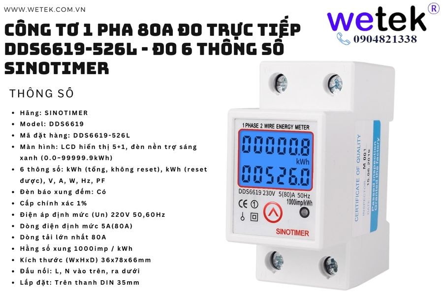 DDS6619-526L Công tơ 1 pha đa chức năng (đo được kWh kW V A H PF...) 120/230V 5(80)A