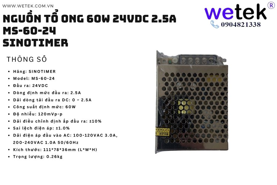 MS-60-24 60W 24Vdc Nguồn xung tổ ong, 60W, 24Vdc, 2.5A Sinotimer