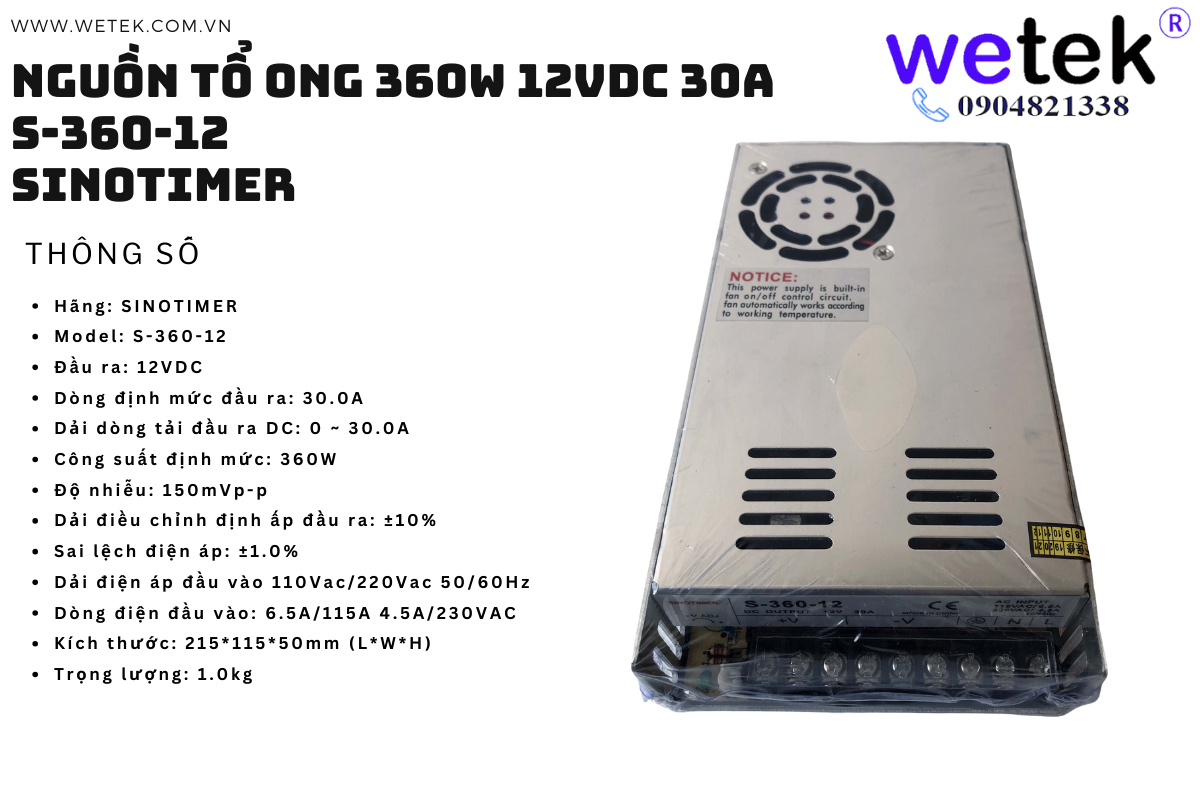MS-360-12 360W 12Vdc Nguồn xung tổ ong, 360W, 12Vdc, 30A Sinotimer