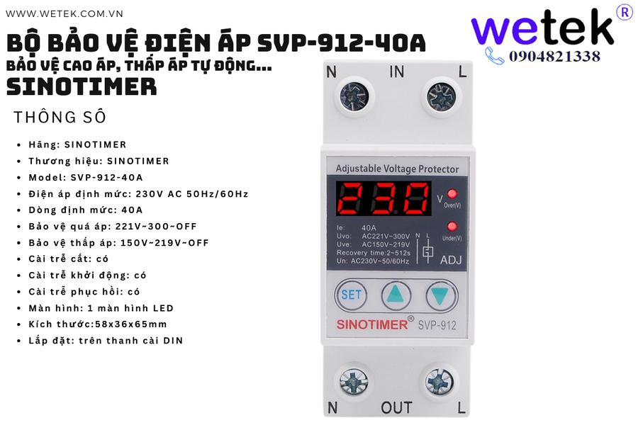 Rơ le điện áp điện tử hiện số, kiểu AT cài, Sinotimer SVP-912-40A