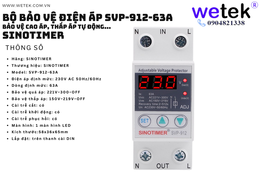 Rơ le điện áp điện tử hiện số, kiểu AT cài, Sinotimer SVP-912-63A