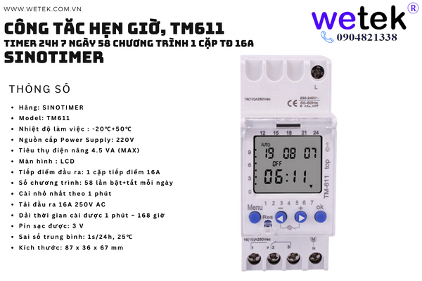  Công tắc timer 24h Sinotimer TM611 1 kênh Nguồn:220/12V Đầu ra: Điện áp Tải:16A 5PINS 36mm Cài theo:1 phút