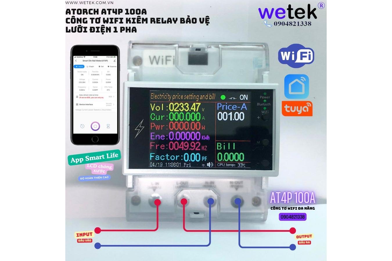 AT4P Atorch Công tơ wifi 100A đo đa chức năng kiêm bảo vệ hệ thống điện, tính tiền điện 3 chế độ